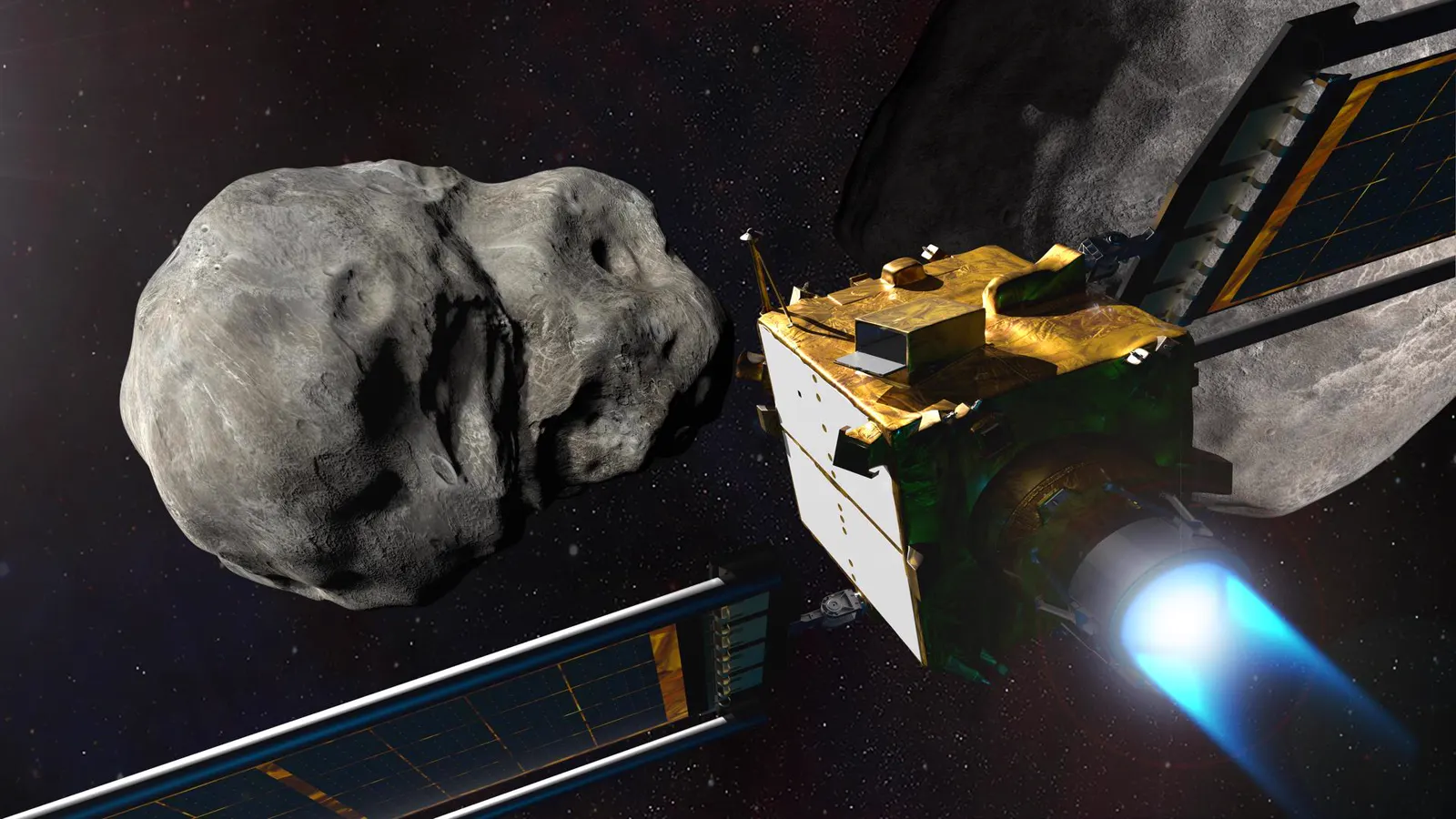 Ilustração da sonda DART se aproximando do asteroide Didymos e de sua lua Dimorphos